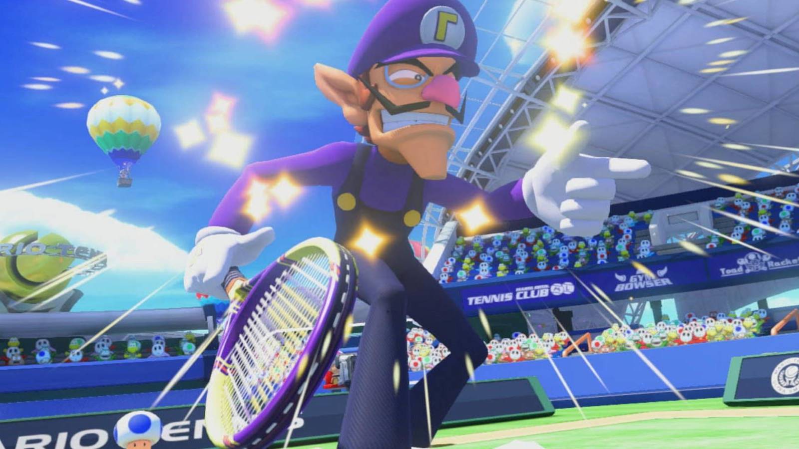 Waluigi holding a tennis racket, striking a pose, and sparkling in Mario Tennis: Ultra Smash