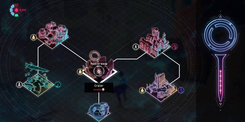 a world map with six different regions and a nail with a ring at the top on the far right of the screen