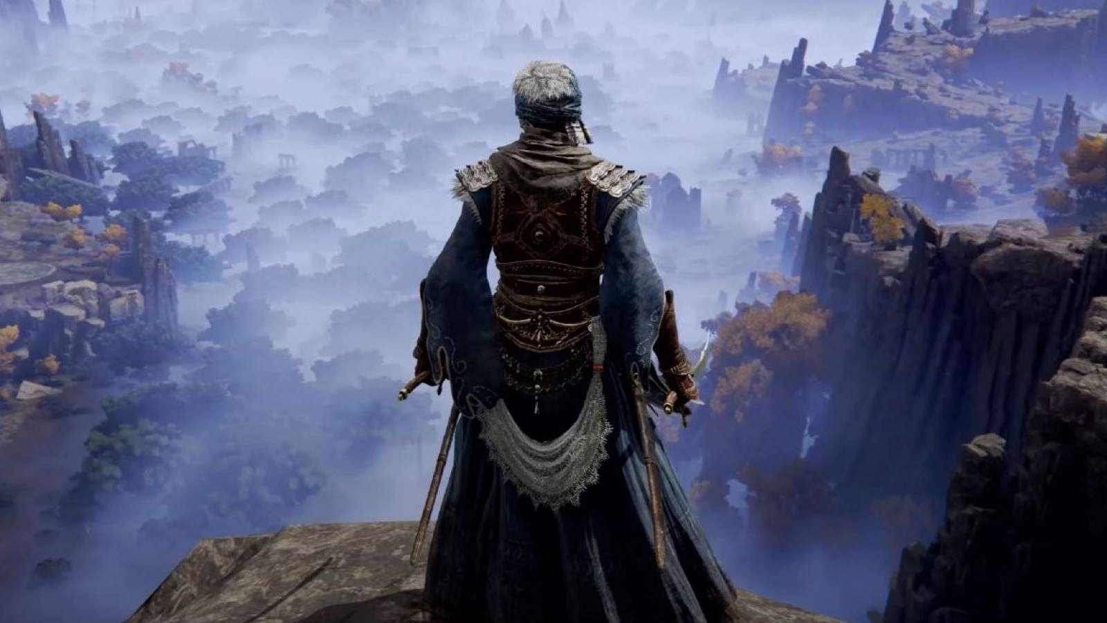 Close-up of the Warrior class from Elden Ring looking down at a valley filled with fog and trees