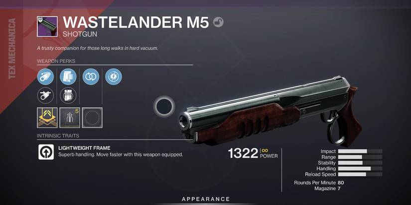 weapon menu with information around a black and brown, plain-looking shotgun