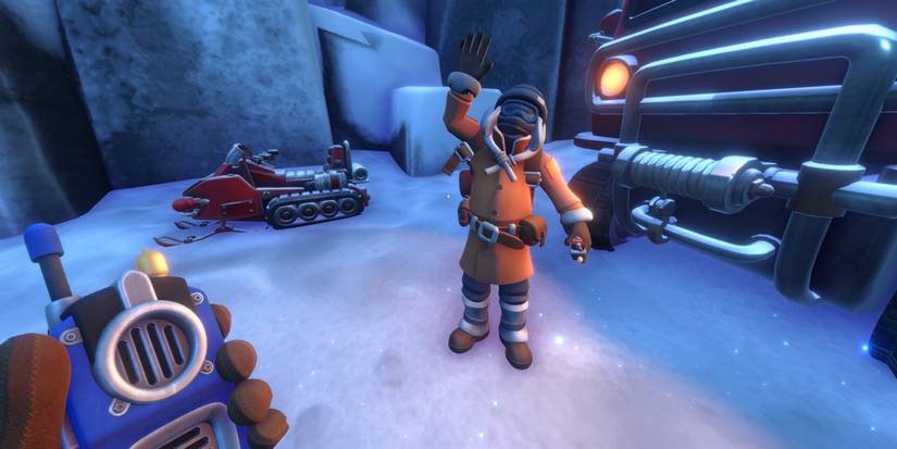 A player waving at another in We Were Here