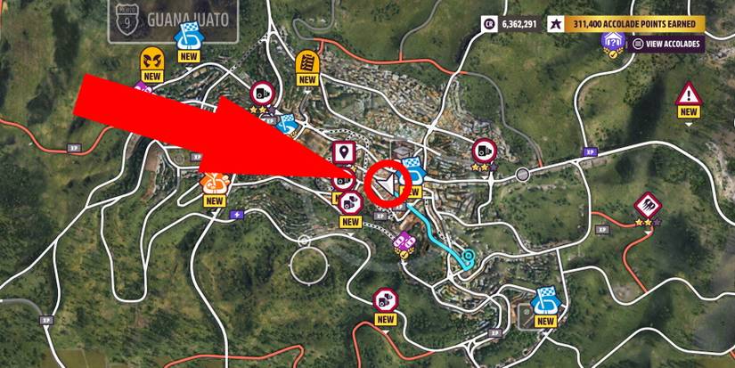 Forza Horizon 5 Guanajuato Christmas Tree location circled and arrow pointing at it