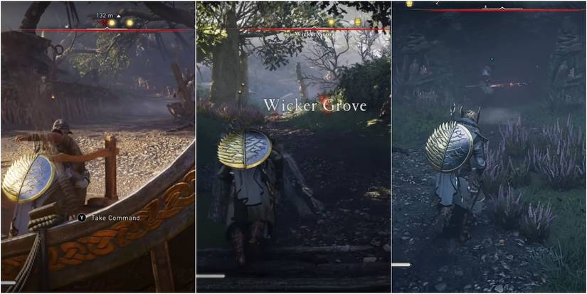 Split Image of Eivor getting off boat and running through Wicker Grove in Assassin's Creed Valhalla