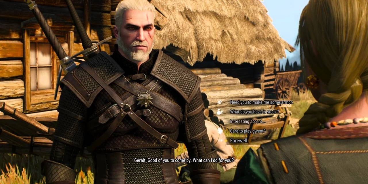 Witcher 3 Viper Armor Set Over The Shoulder In Conversation