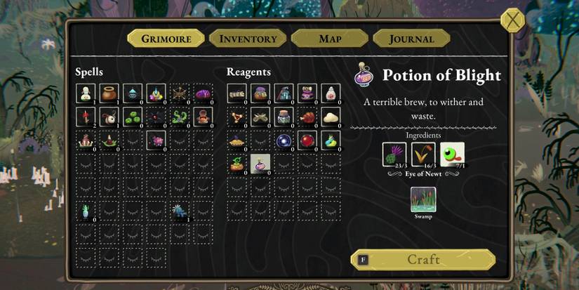 Looking at the crafting menu in Wytchwood