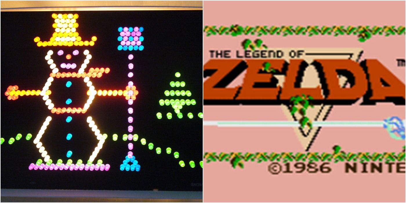 Split image of Lite Brite snowman and Legend of Zelda NES intro screen