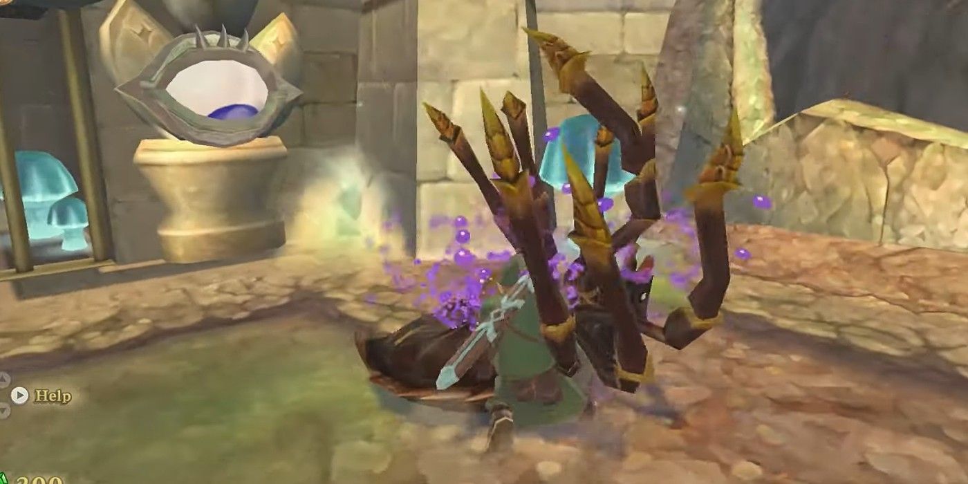 Zelda Skyward Sword Link diving on slain Skulltula on ground with purple blood