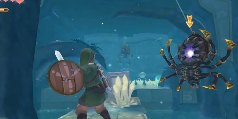 Zelda Skyward Sword killing swinging Skulltula in Skyview Temple with purple glowing belly