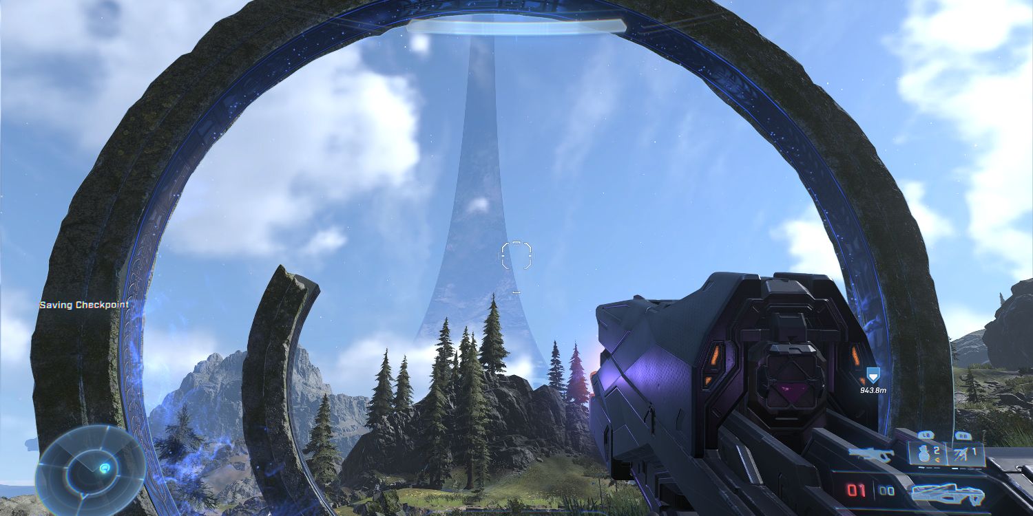 a forest covered mountain range seen through a crumbling, stone ring with the rest of the terrain extending upward in a loop