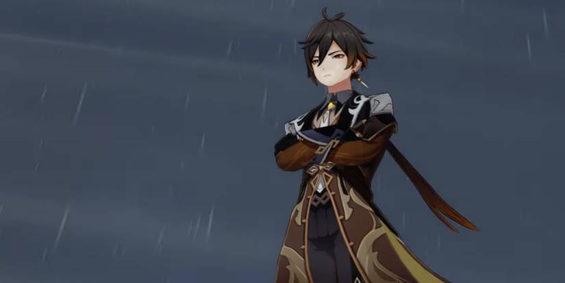 Zhongli standing on top of one of Guyun's mountains while it's raining