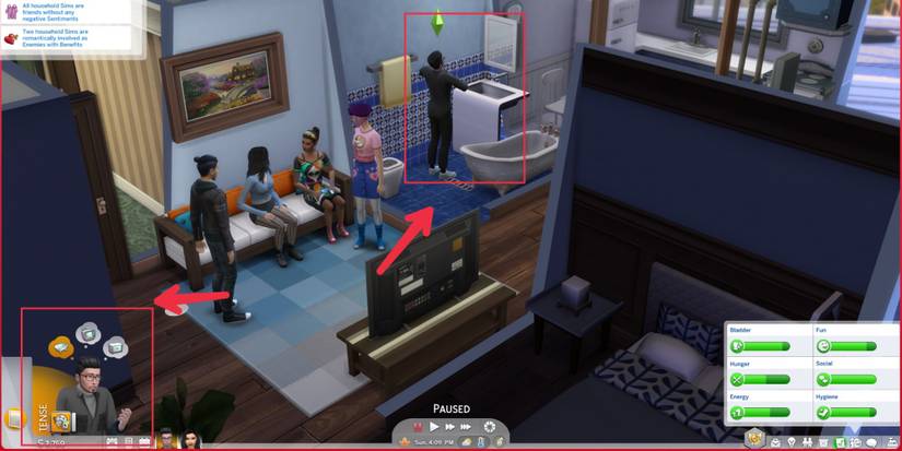 a tense male sim trying to calm himself  using a mirror