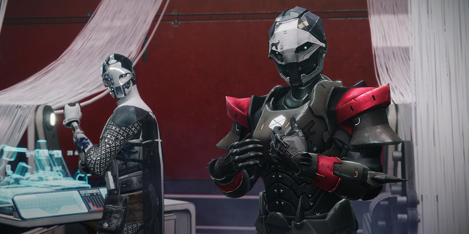 Aida-1 next to a Guardian wearing and Aida-1 mask from Festival of the Lost in Destiny 2.
