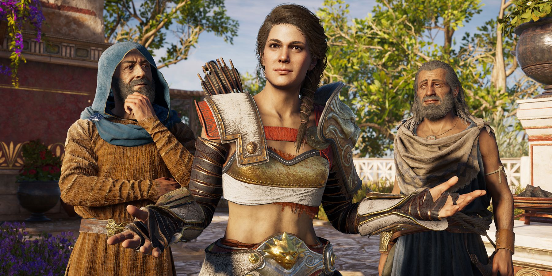 Protagonist Kassandra stands shrugging with two allies flanking her 