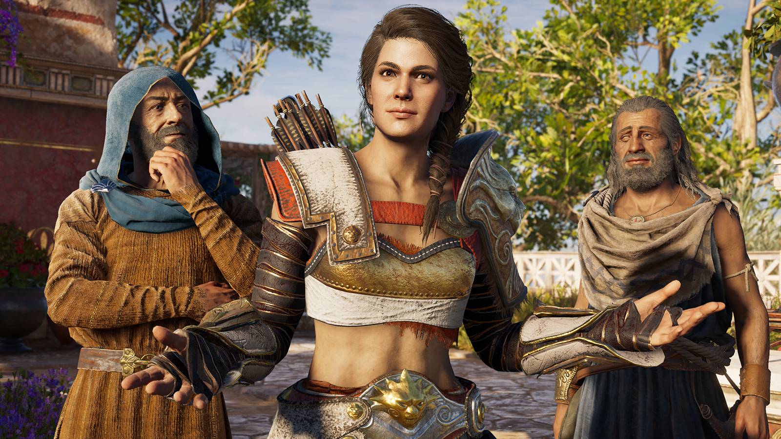 Protagonist Kassandra stands shrugging with two allies flanking her 