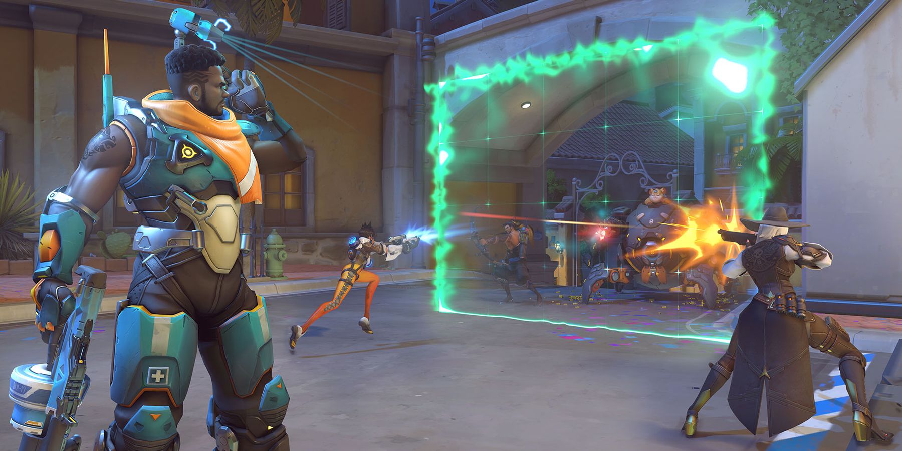 Baptiste, Tracer, and Ashe fight against Hanzo and Wreckingball on the Dorado map in Overwatch.