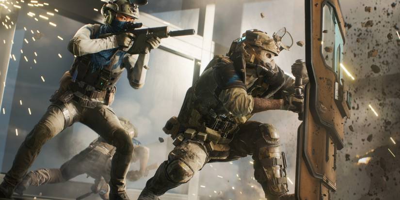 battlefield 2042 soilder using a shield with another shooting Cropped