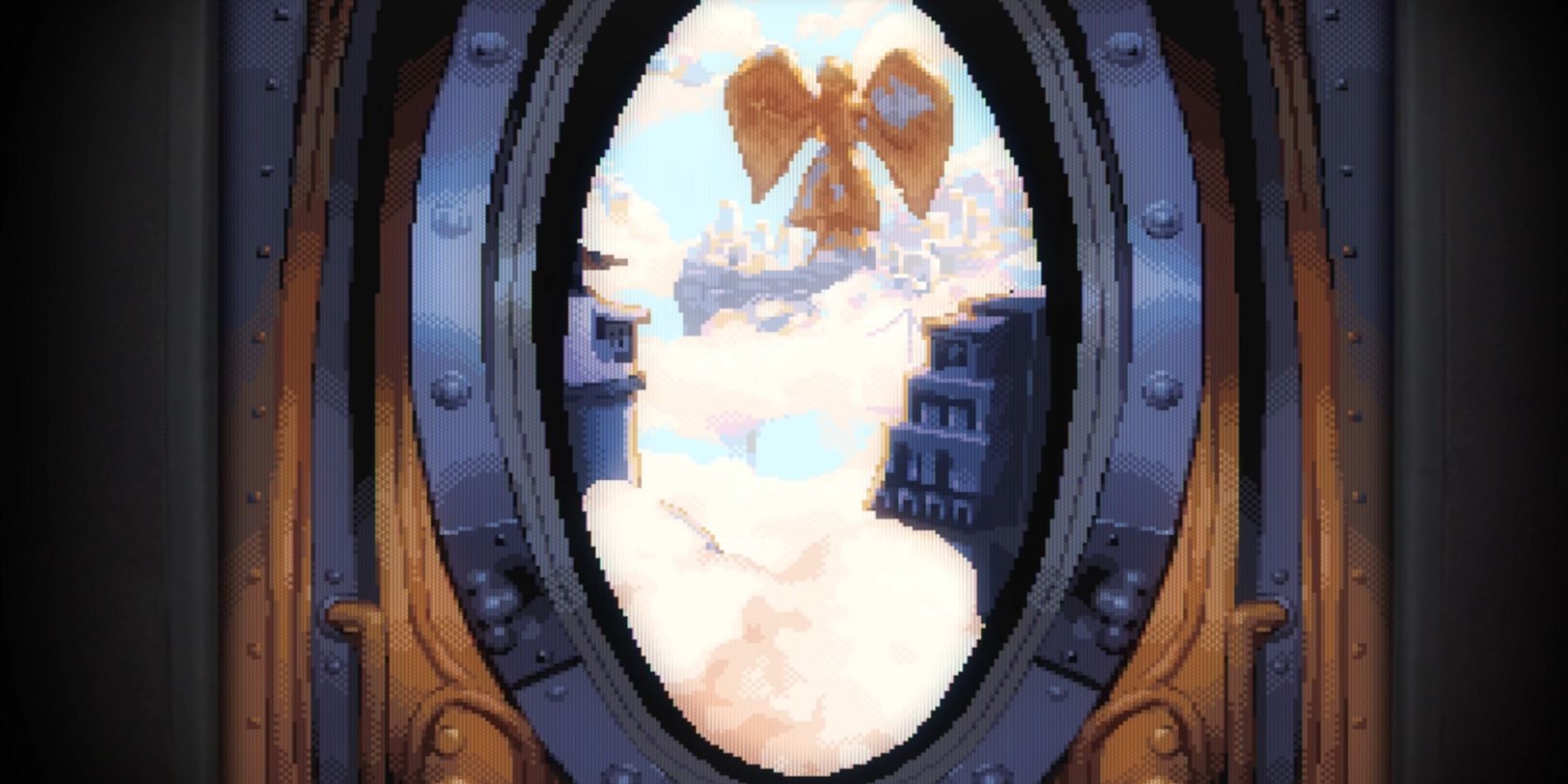Image from the Bioshock Infinite skylift opening scene but done in 16 bit graphics.