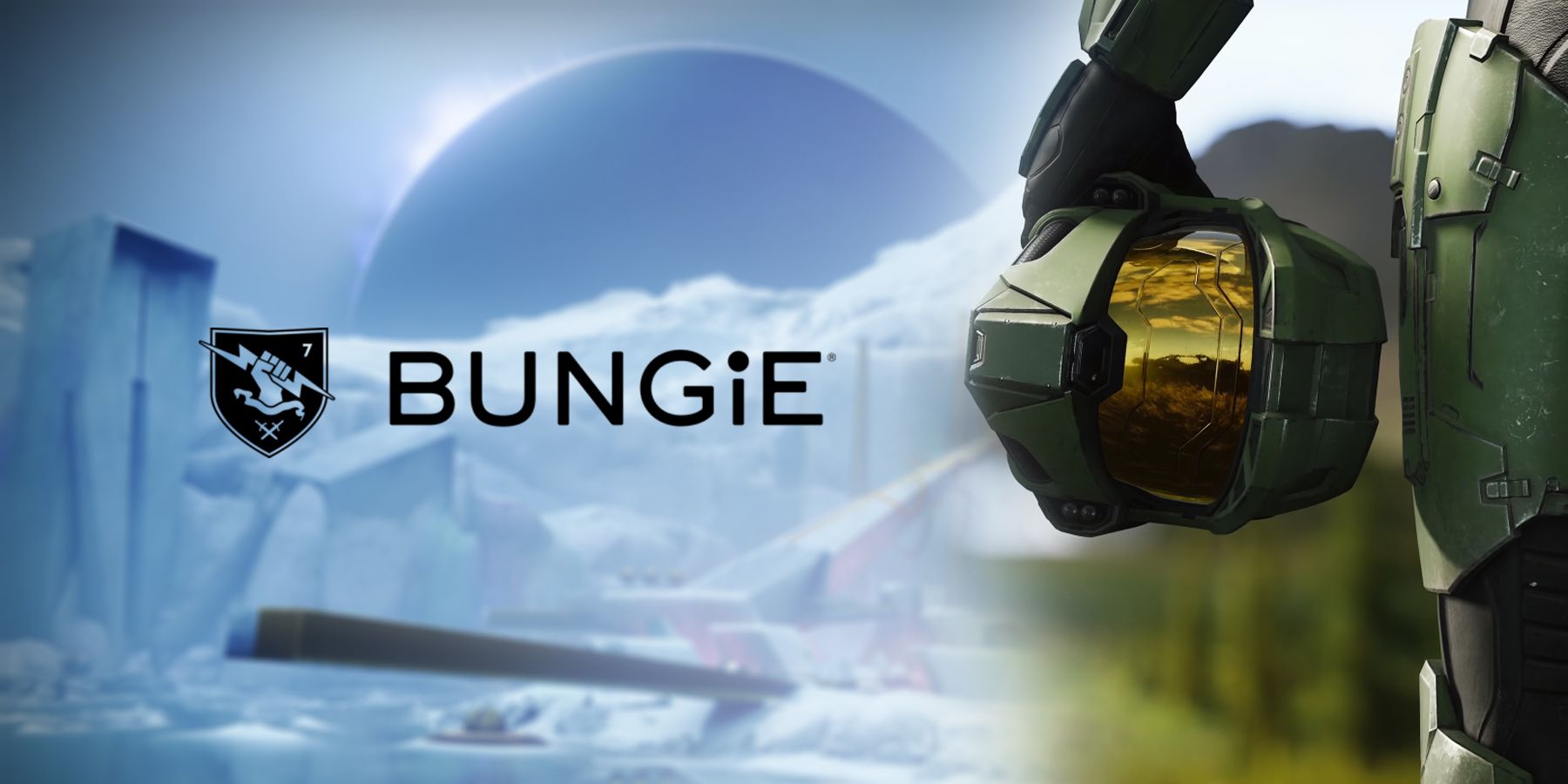 The Bungie logo with the shield alongside Master Chief from Halo and the Dares of Eternity event from Destiny 2 in the background. 