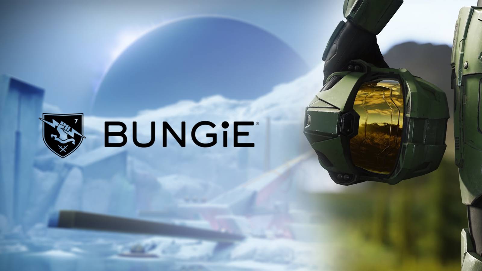 The Bungie logo with the shield alongside Master Chief from Halo and the Dares of Eternity event from Destiny 2 in the background. 