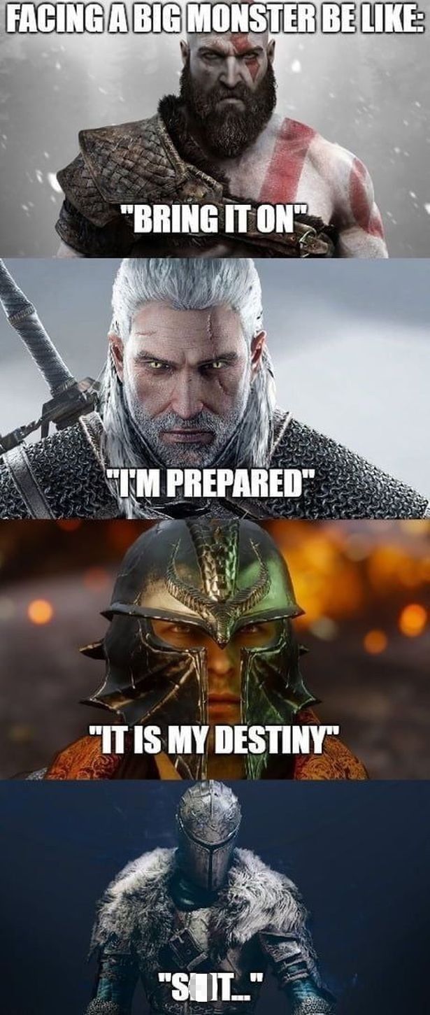 dark souls boss meme with witcher god of war and skyrim