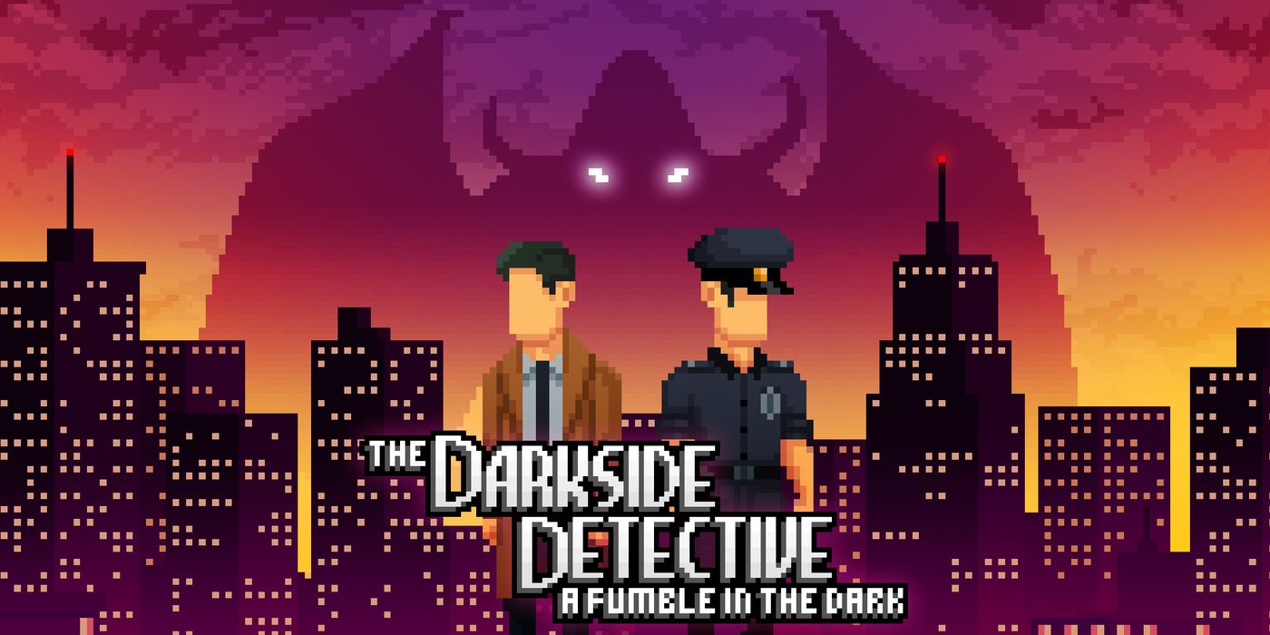 The Darkside Detective title art with men in front of looming shadow