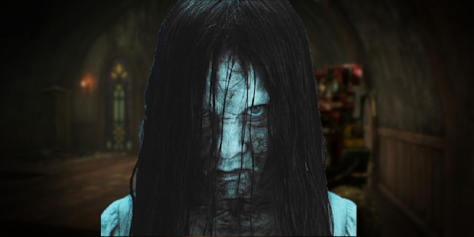 An image of Sadako's face from The Ring with Dead by Daylight in the background.
