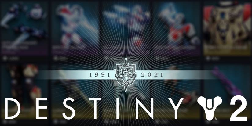 The Destiny 2 Bungie 30 Anniversary shield with the Eververse anniversary shop gear in the background.