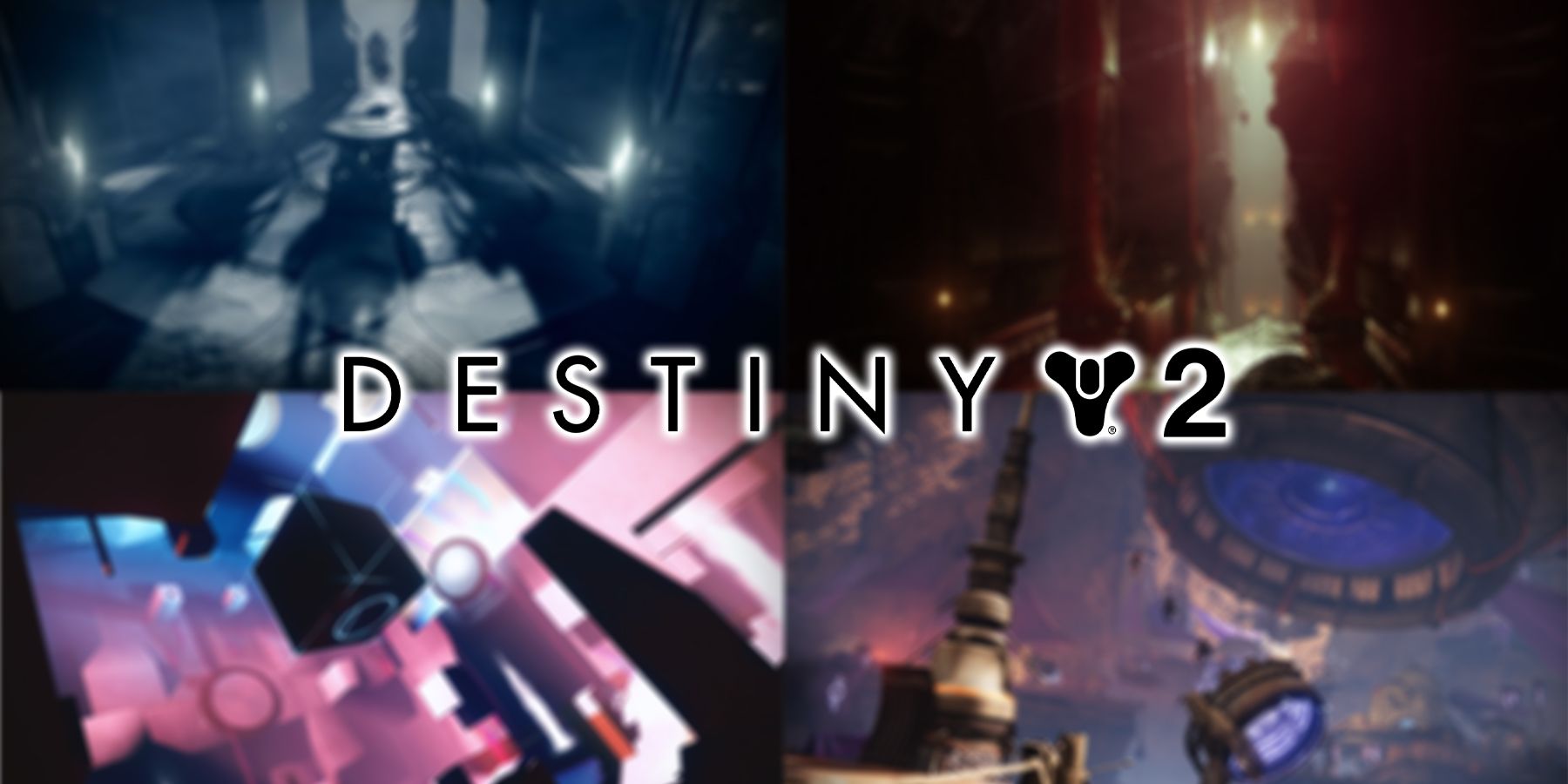 The Destiny 2 text logo with the game's four dungeons in the back ground. From left to right, top to bottom: The Shattered Throne, Pit of Heresy, Prophecy, and Grasp of Avarice dungeons.