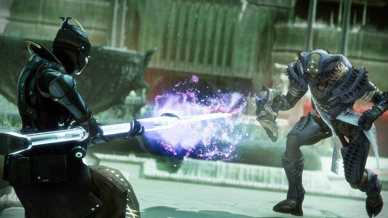 A Guardian wielding the new Glaive weapon against one of Savathun's Hive in her throne world from Destiny 2.