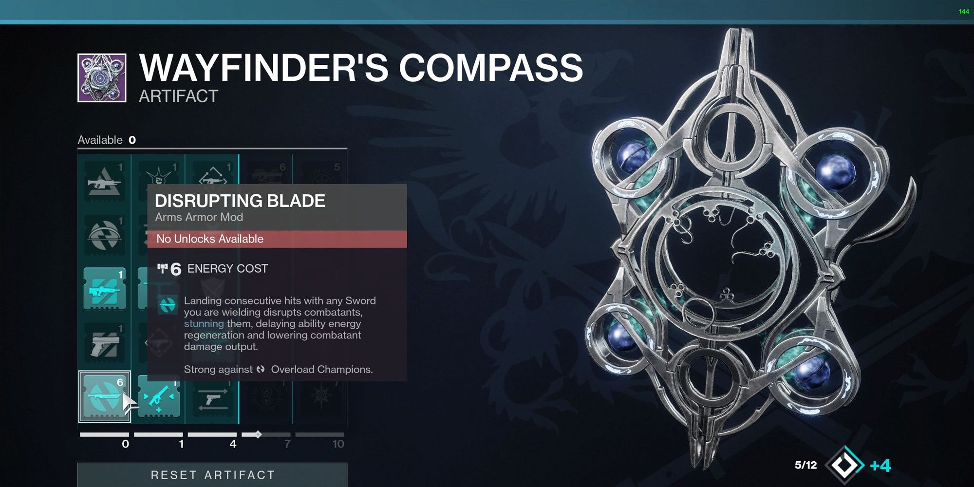 Disrupting Blade Artifact Mod displayed in menu Wayfinder's Compass Destiny 2 