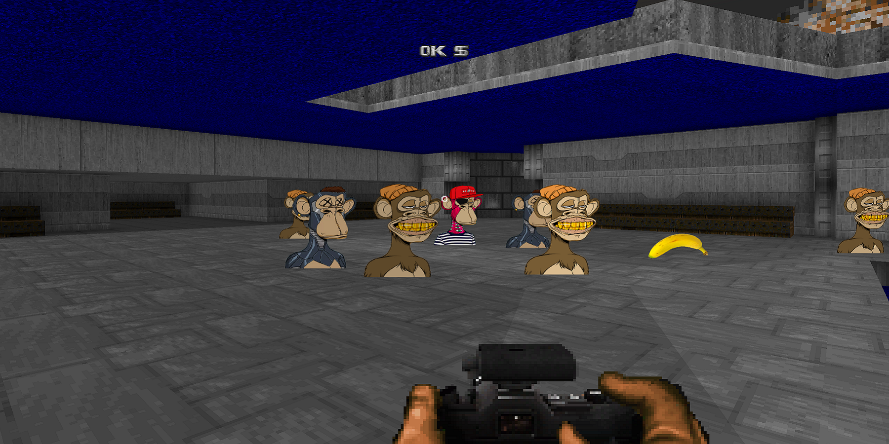 Screenshot from the Doom NFT showing the player with a camera pointing at some monkey NFTs.