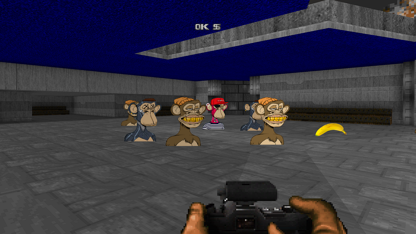 Screenshot from the Doom NFT showing the player with a camera pointing at some monkey NFTs.