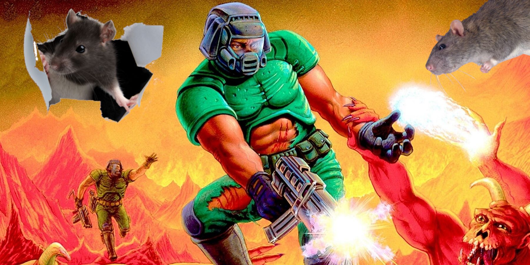 Box art for the original Doom showing Doomguy firing at demons as rats appear in the background.