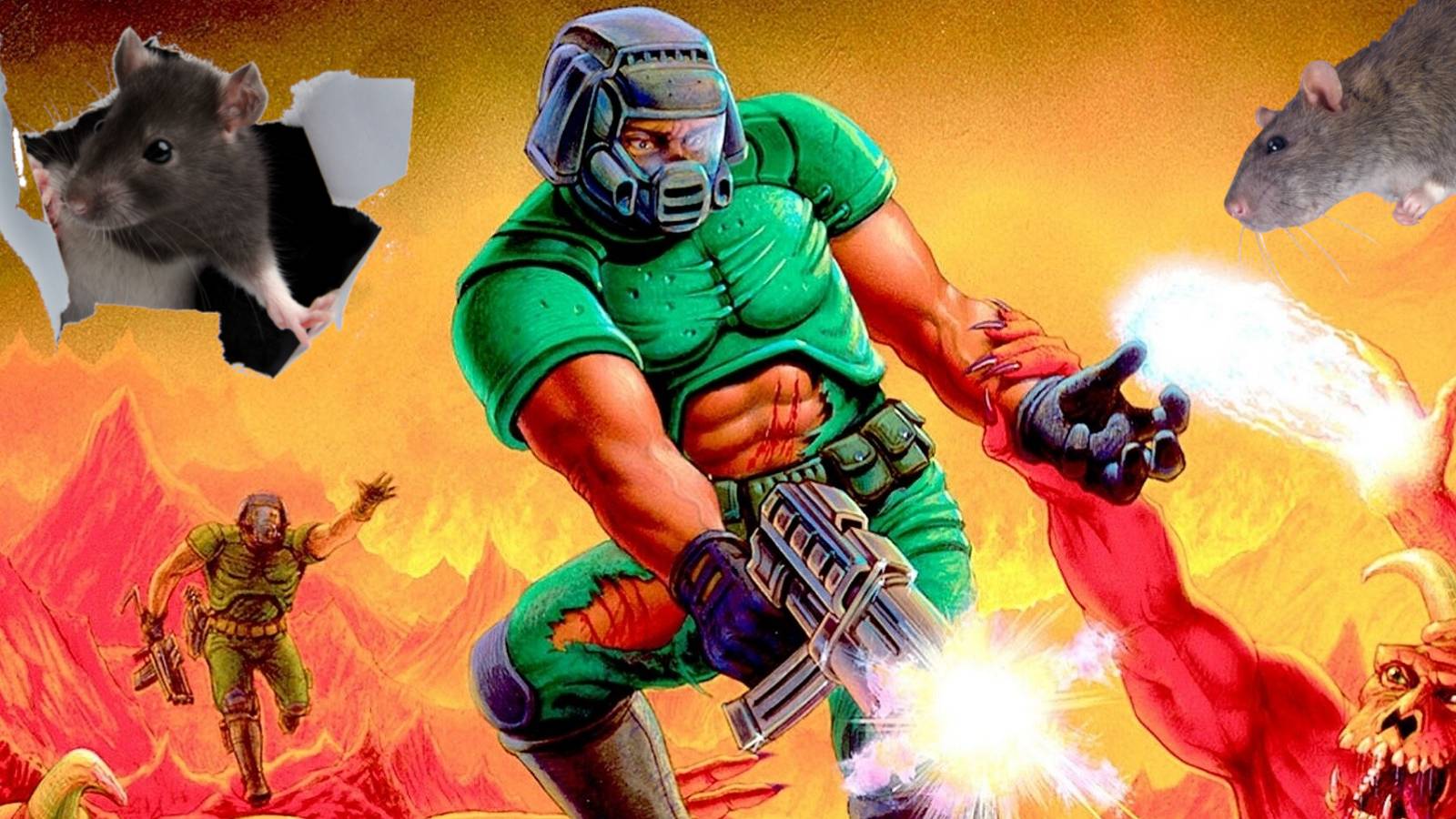 Box art for the original Doom showing Doomguy firing at demons as rats appear in the background.