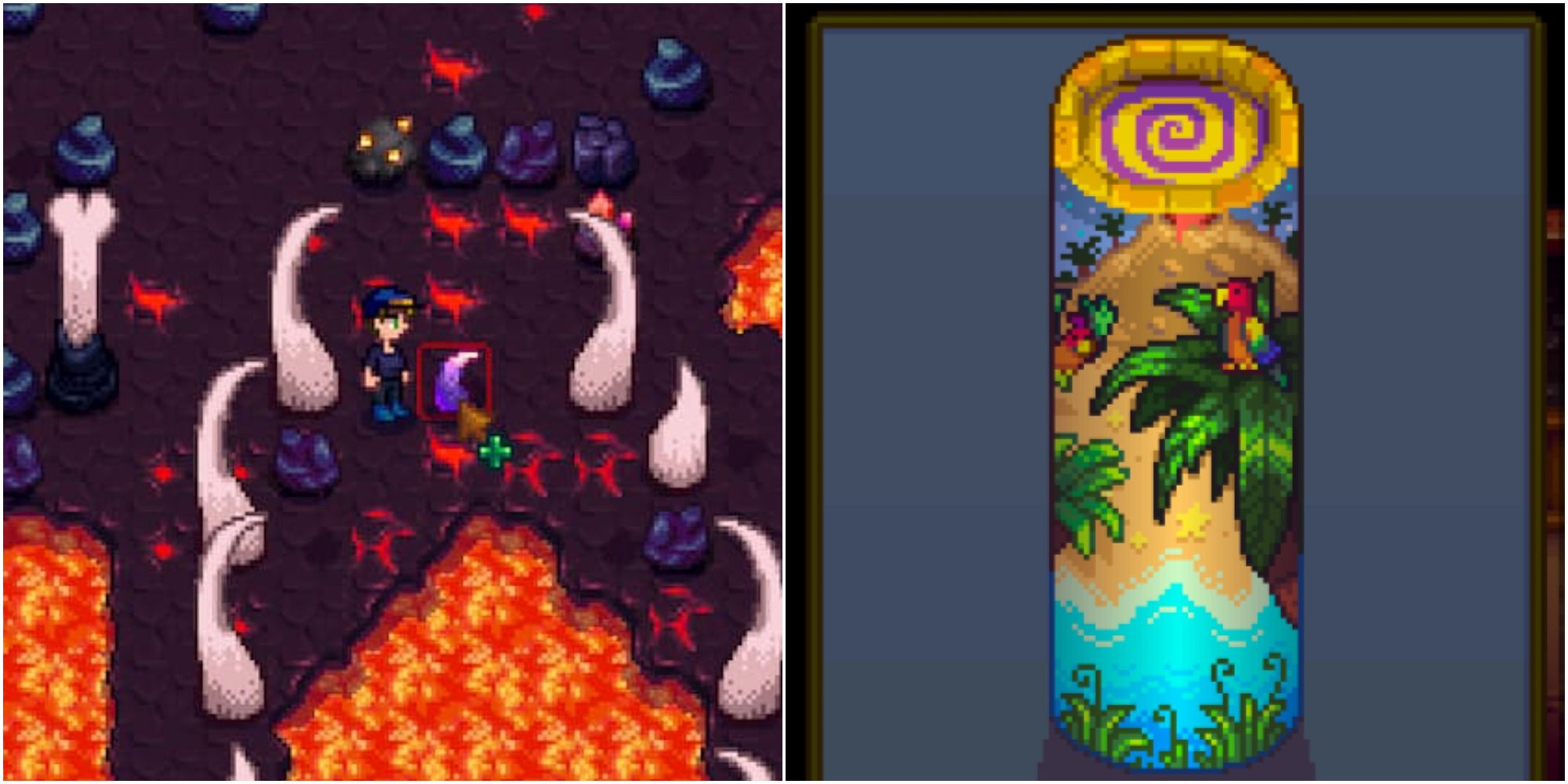 left: dragon skeleton with tooth; right: island obelisk