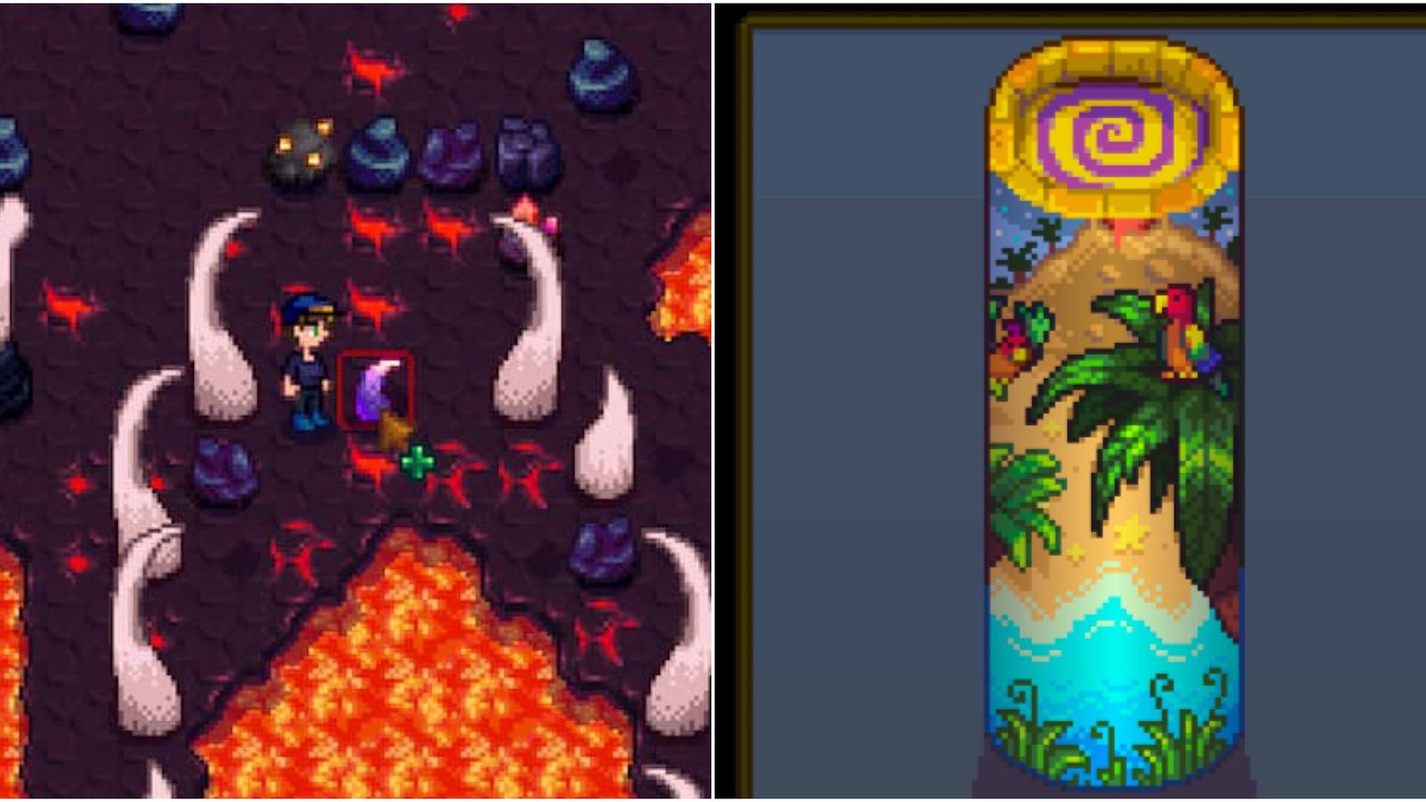 left: dragon skeleton with tooth; right: island obelisk