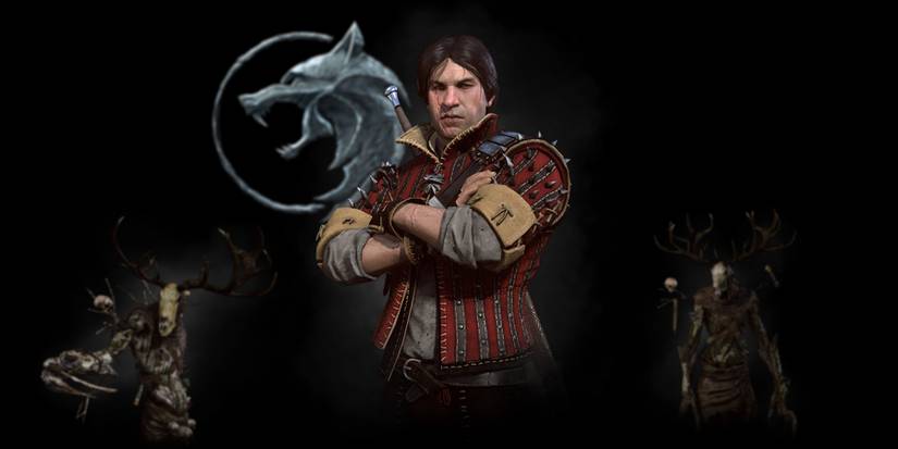 The School of the Wolf witcher, Eskel, with the wolf logo and two leshens in the background.