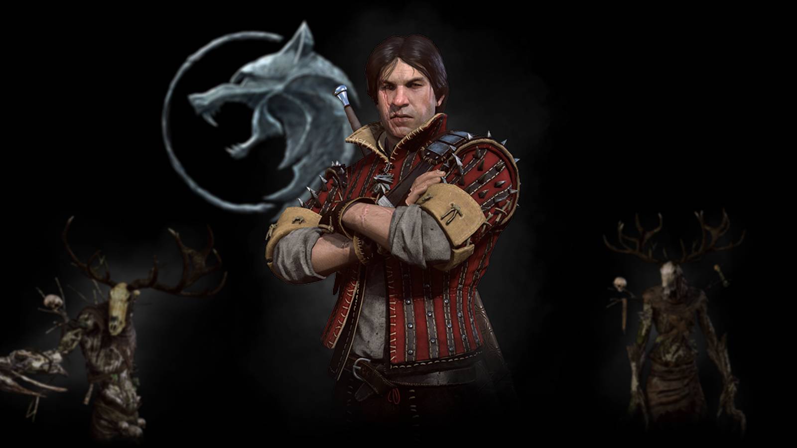 The School of the Wolf witcher, Eskel, with the wolf logo and two leshens in the background.