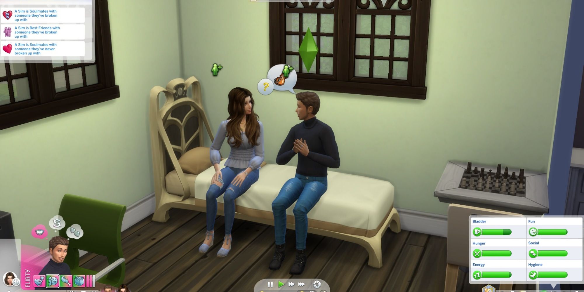 female and male sim talking and gaining relationship points
