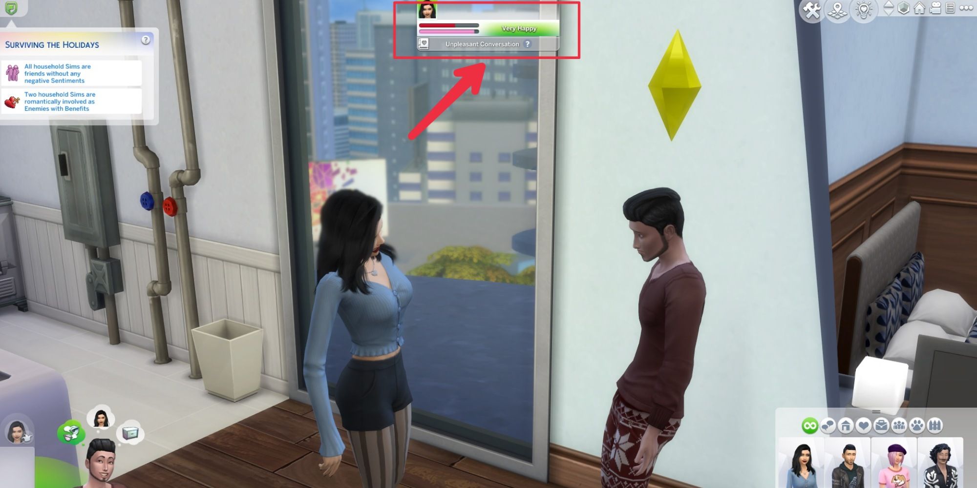 female sim and male sim socializing and their Friendship Bar is red while the romance one is pink