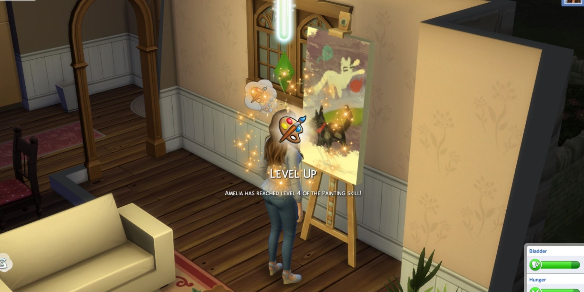 female sim leveling up her painting skill and drawing on an easel