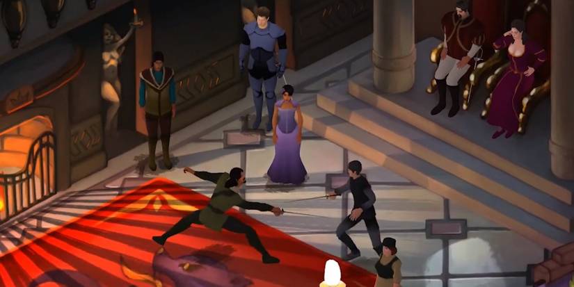 Two men dueling in front of fireplace. 