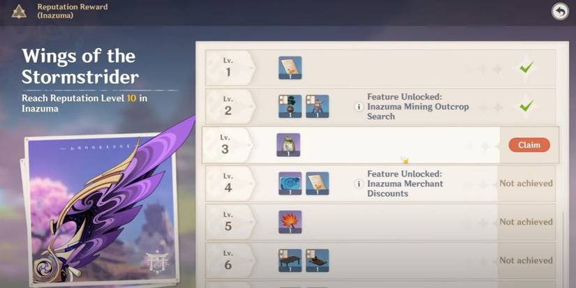 genshin impact inazuma reputation rewards menu screen glider