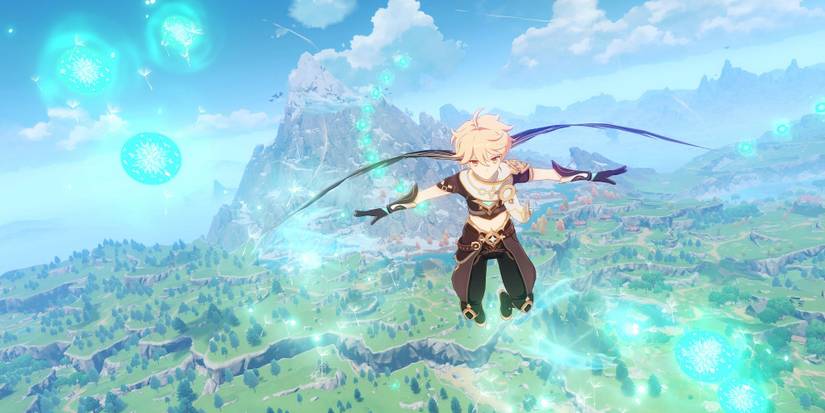 genshin impact male traveler aether gliding anemo particles windblume event