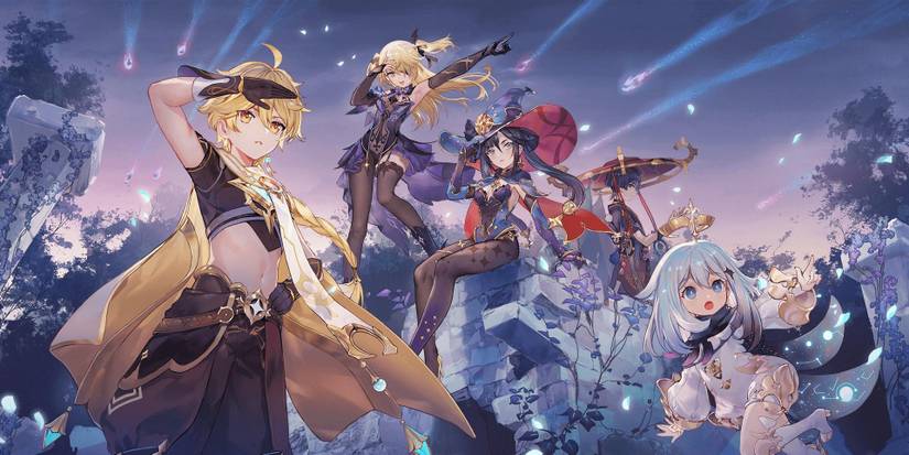 genshin impact unreconciled stars event official artwork scaramouche mona male traveler aether paimon fischl