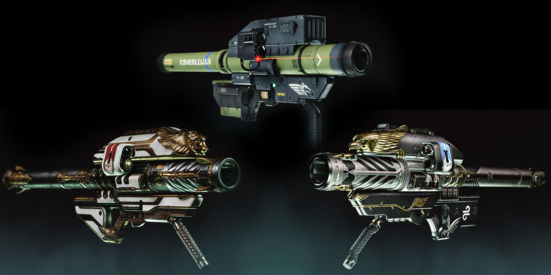 The exotic rocket launcher Gjallarhorn and its two ornaments from Destiny 2.