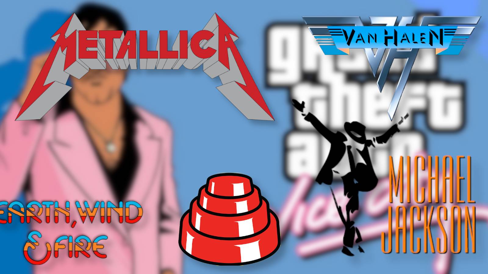 An image showing the Grand Theft Auto: Victy Logo in the background with band logo, such as Metallica and Devo.