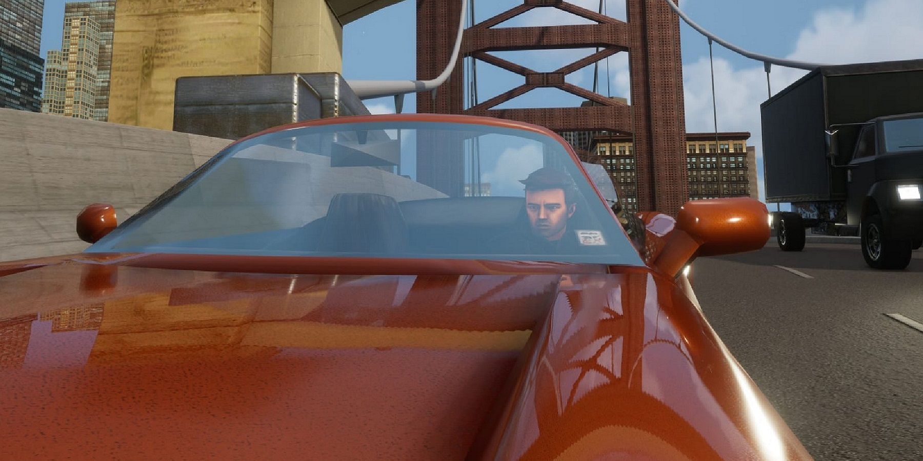 Screenshot from Grand Theft Auto 3 showing Claude driving a red sports car.