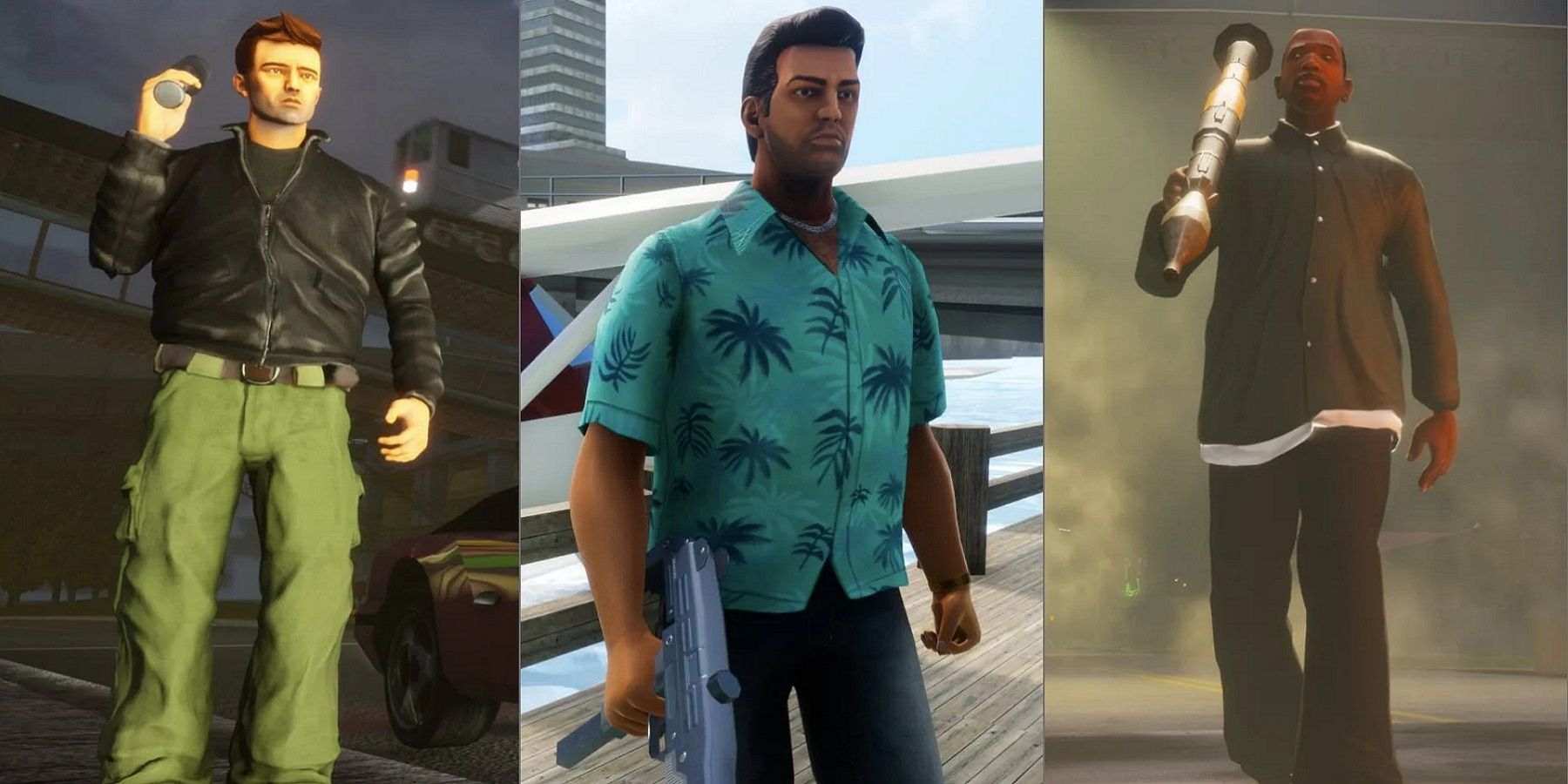 Image from the GTA trilogy showing the three protagonists from each game.