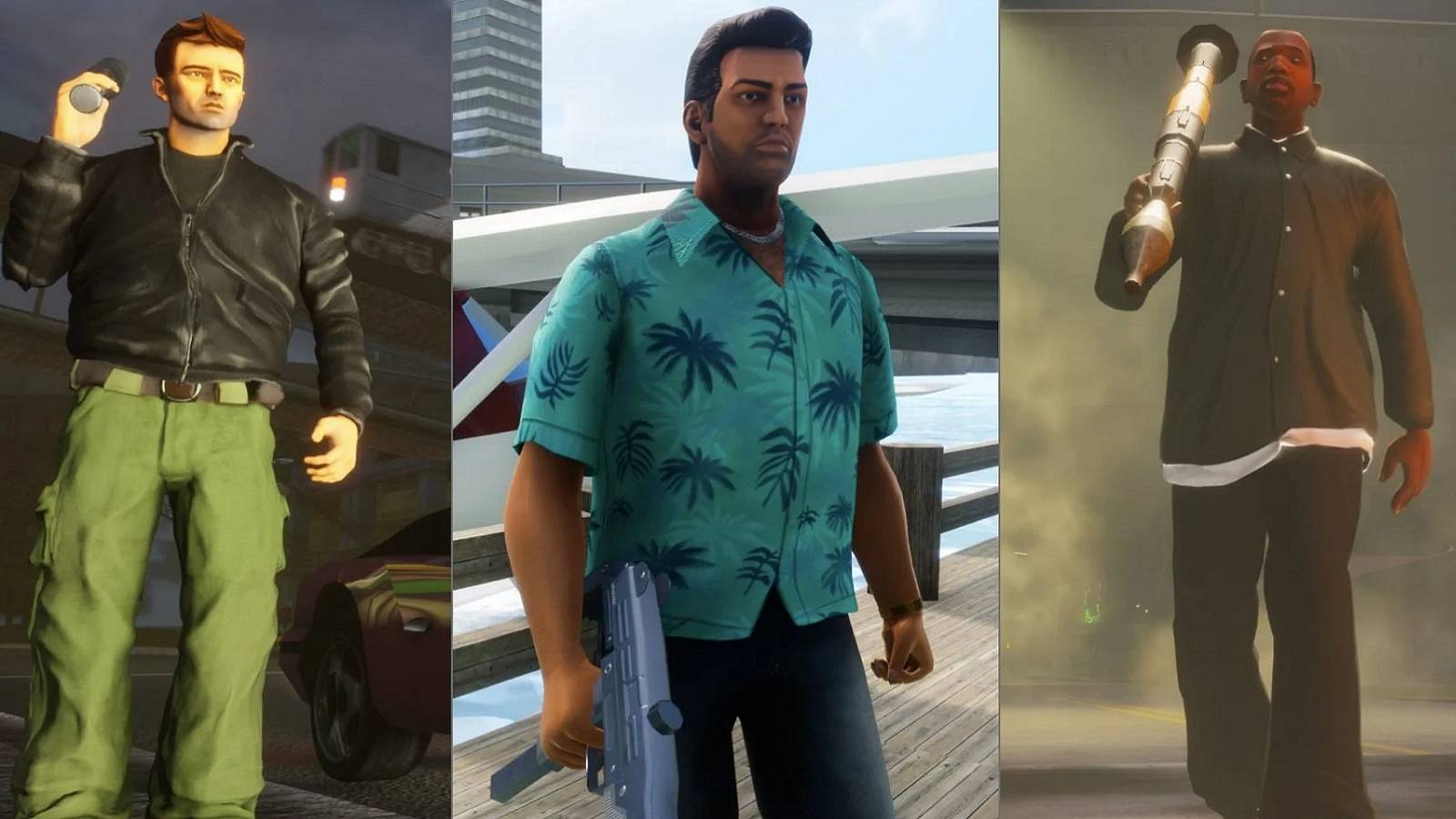 Image from GTA Trilogy showing the three protagonists from each game.